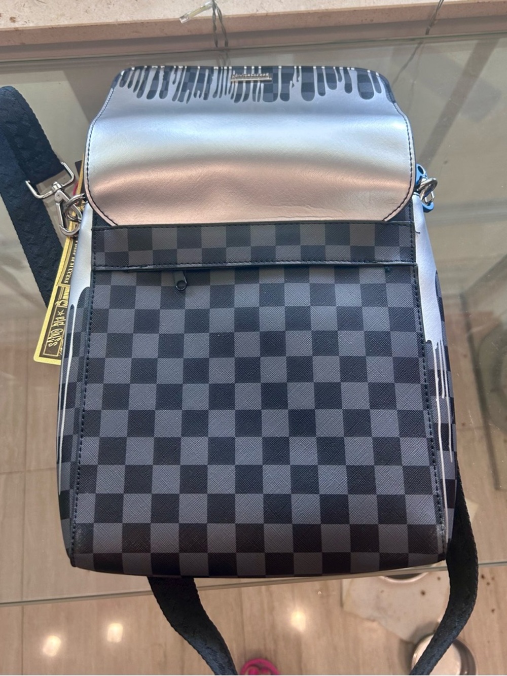 Sprayground Black & Silver Drip Shark Checkerboard Crossbody Bag NWT - Picture 2 of 6